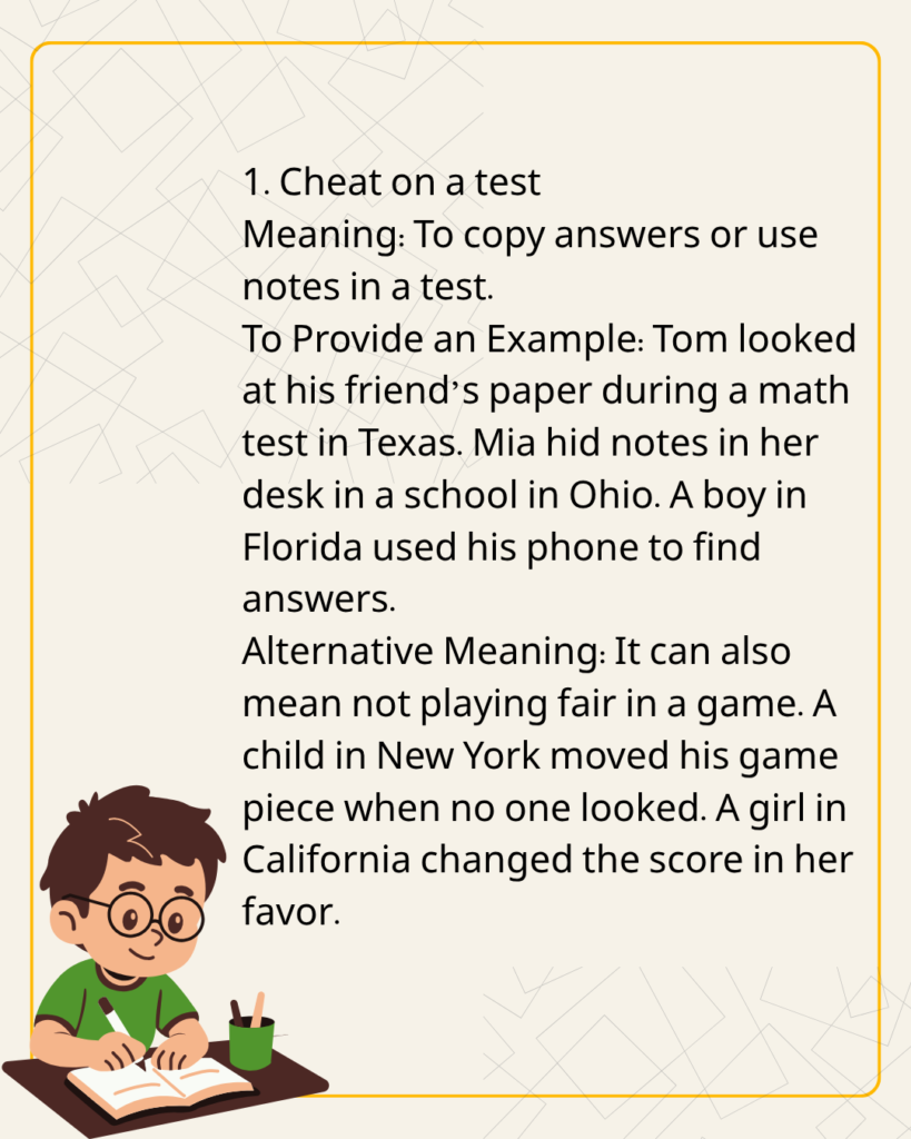 Cheat on a test
Meaning